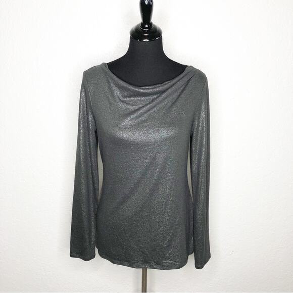 WHBM black silver metallic drape neck knit top size Small NWT - Picture 1 of 11